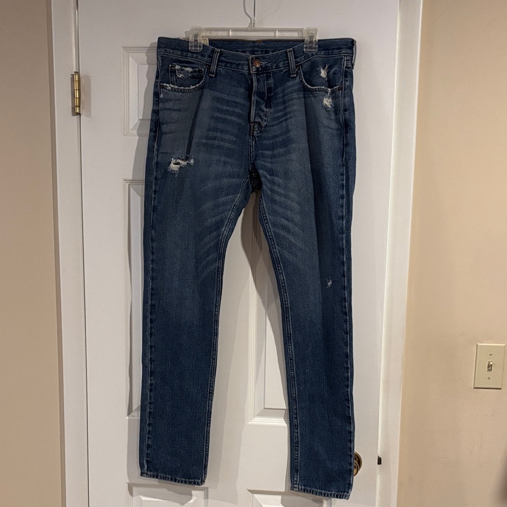 Hollister Men's Distressed‎ Dark Blue Skinny Button Fly Jeans size 36x32